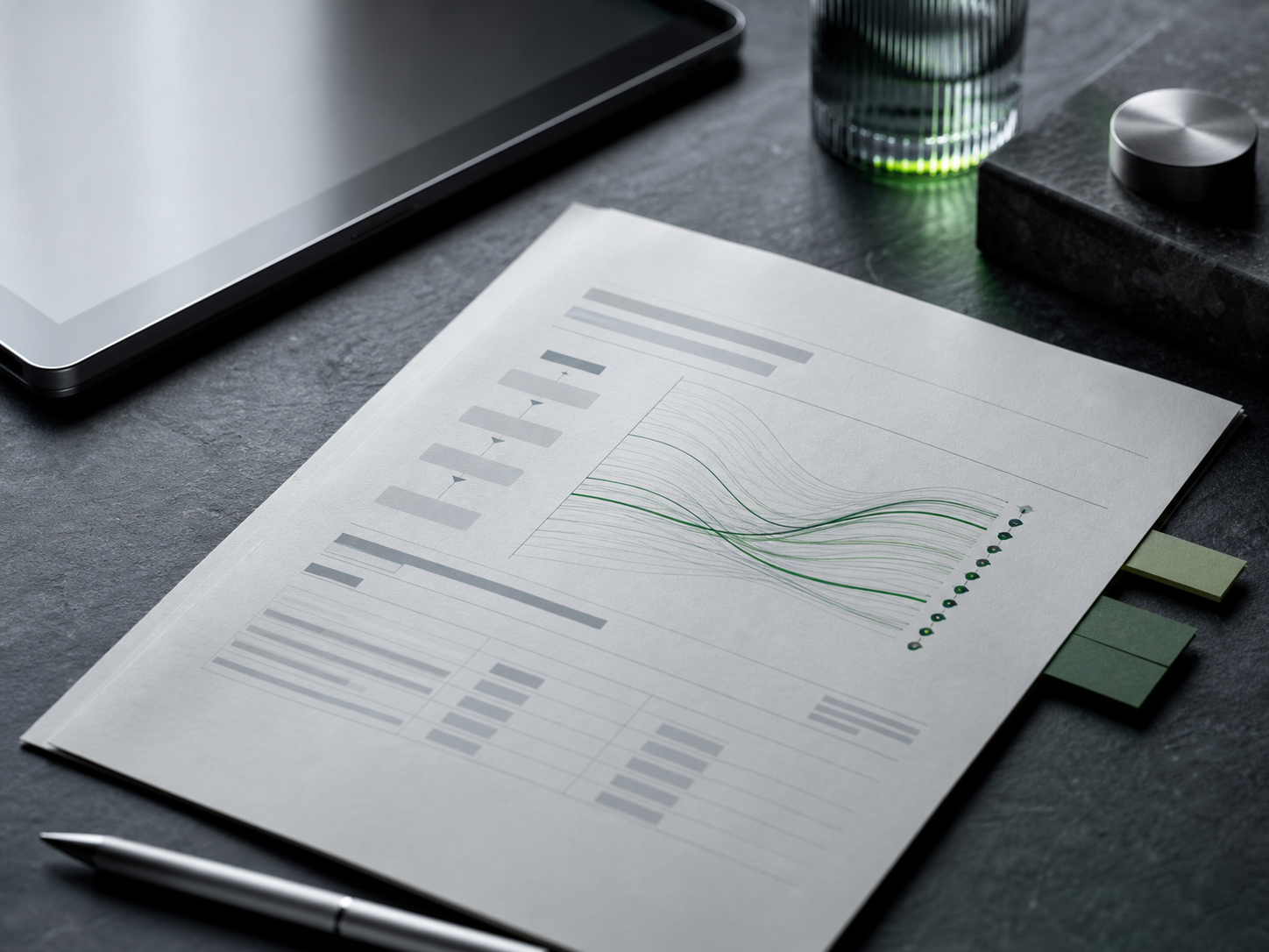 Editorial research sheet with abstract AI visibility signals on a dark desk