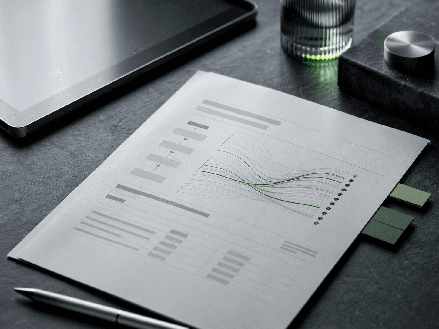 Editorial research sheet with abstract AI visibility signals on a dark desk